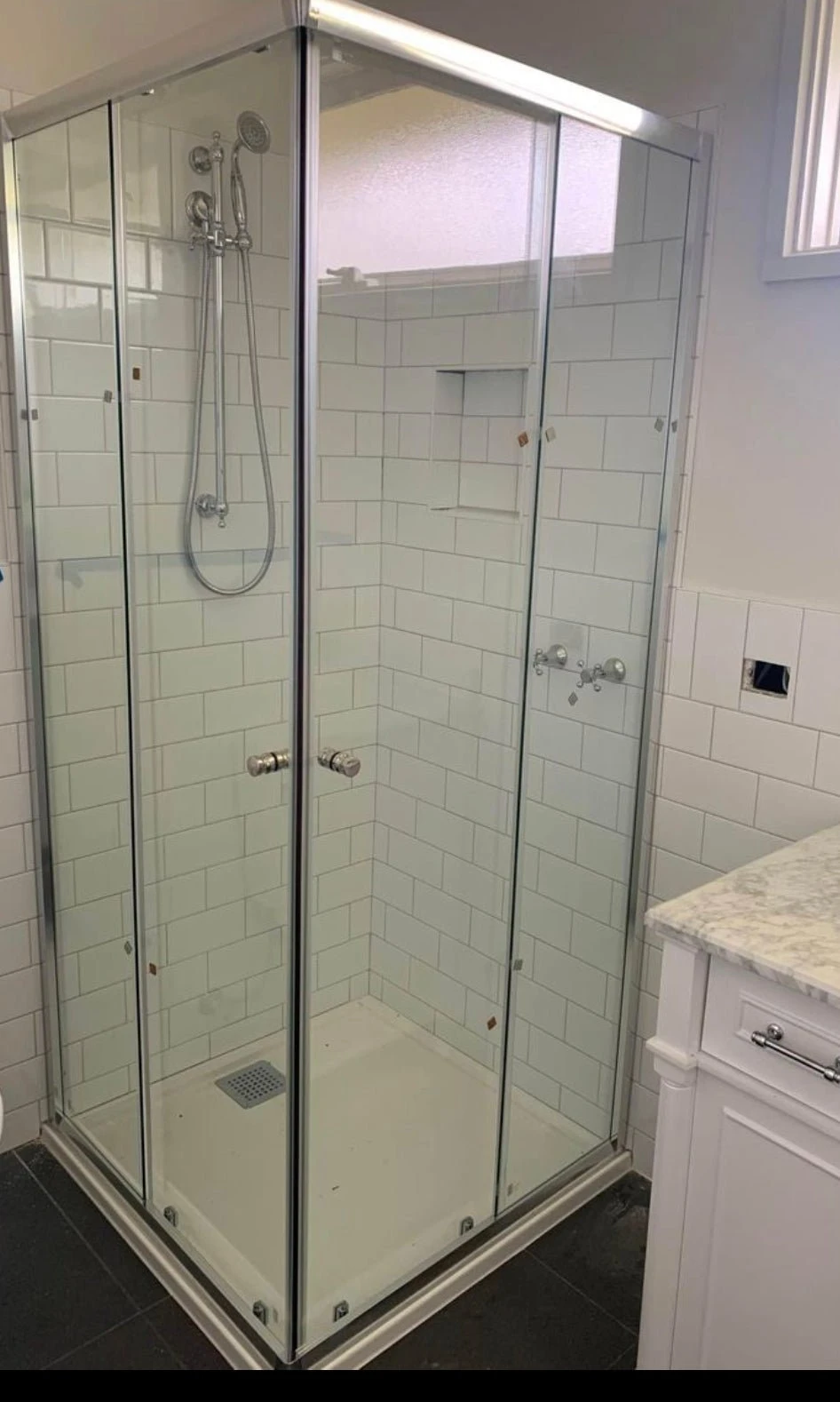 Violet Semi-Frameless *Corner Entry* Sliding Shower Screen - Chrome | Convex Violet Semi-Frameless *Corner Entry* Sliding Shower Screen - Chrome | Convex -HERA Bathware Sales 1950mm semi frameless corner entry sliding screen chrome convex760mm760mmshower screenconvex 210925