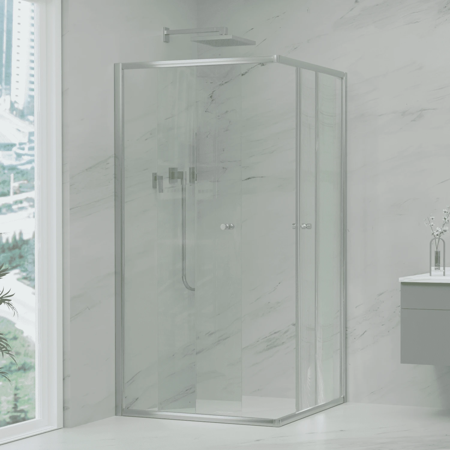 Violet Semi-Frameless *Corner Entry* Sliding Shower Screen - Chrome | Convex Violet Semi-Frameless *Corner Entry* Sliding Shower Screen - Chrome | Convex -HERA Bathware Sales 1950mm semi frameless corner entry sliding screen chrome convex760mm760mmshower screenconvex 345159
