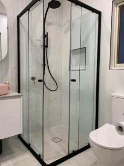 Violet Semi-Frameless *Corner Entry* Sliding Shower Screen - Matte Black | Convex -HERA Bathware Sales 1950mm semi frameless corner entry sliding screen matte black convex760mm760mmshower screenconvex 432769