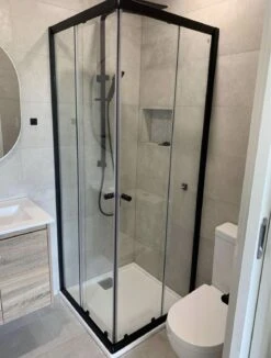 Violet Semi-Frameless *Corner Entry* Sliding Shower Screen - Matte Black | Convex -HERA Bathware Sales 1950mm semi frameless corner entry sliding screen matte black convex760mm760mmshower screenconvex 588215