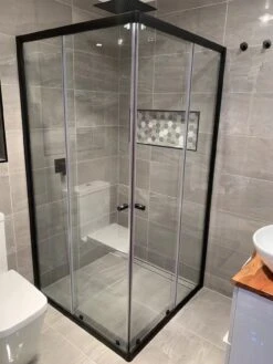 Violet Semi-Frameless *Corner Entry* Sliding Shower Screen - Matte Black | Convex -HERA Bathware Sales 1950mm semi frameless corner entry sliding screen matte black convex760mm760mmshower screenconvex 619907