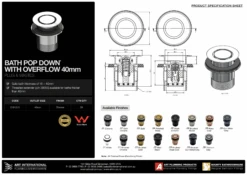 40mm Bath Pop Down Waste With Over Flow 21812 | Art Australia -HERA Bathware Sales 40mm bath pop down waste with over flow 21812 art australiachromepop up wasteart australia 351185