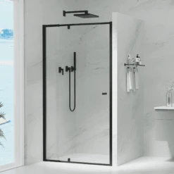 Violet 6mm Semi-Frameless Pivot Screens Matte Black | Convex -HERA Bathware Sales 6mm semi frameless pivot screens matte black convex740 820mmshower screenconvex 160007