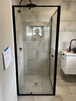 Violet 6mm Semi-Frameless Pivot Screens Matte Black | Convex -HERA Bathware Sales 6mm semi frameless pivot screens matte black convex740 820mmshower screenconvex 710496