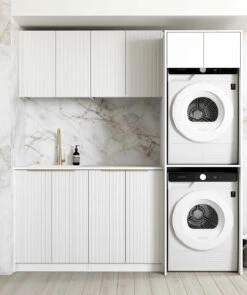 Bondi White Fluted Laundry Cabinet With Stone Top And Sink | 1960*600*2100mm -HERA Bathware Sales bondi white fluted laundry cabinet with stone top and sink 19606002100mmmatte white1960claundry cabinetotti 448843