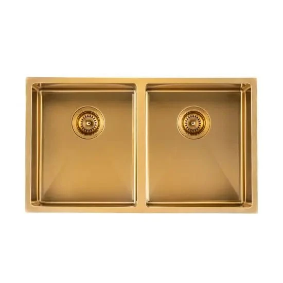 Brushed Gold 770x450x215mm 1.2mm Handmade Top/Undermount Double Bowls Kitchen Sink Brushed Gold 770x450x215mm 1.2mm Handmade Top/Undermount Double Bowls Kitchen Sink -HERA Bathware Sales brushed gold 770x450x215mm 12mm handmade topundermount double bowls kitchen sinkbrushed goldkitchen sinkaquaperla 829923