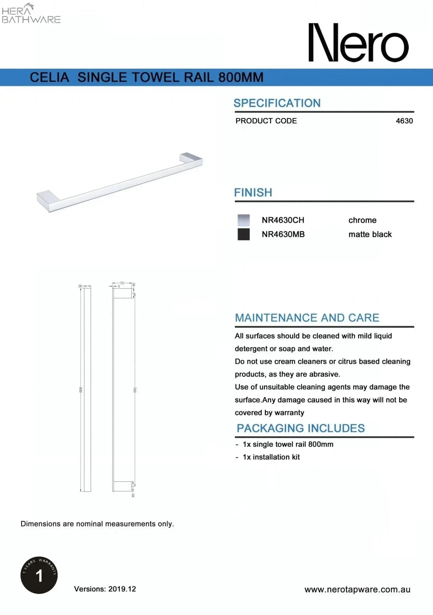 CELIA Towel Rail 800MM CELIA Towel Rail 800MM -HERA Bathware Sales celia towel rail 800mmbrushed nickeldouble towel railtowel railnero tapware 271994