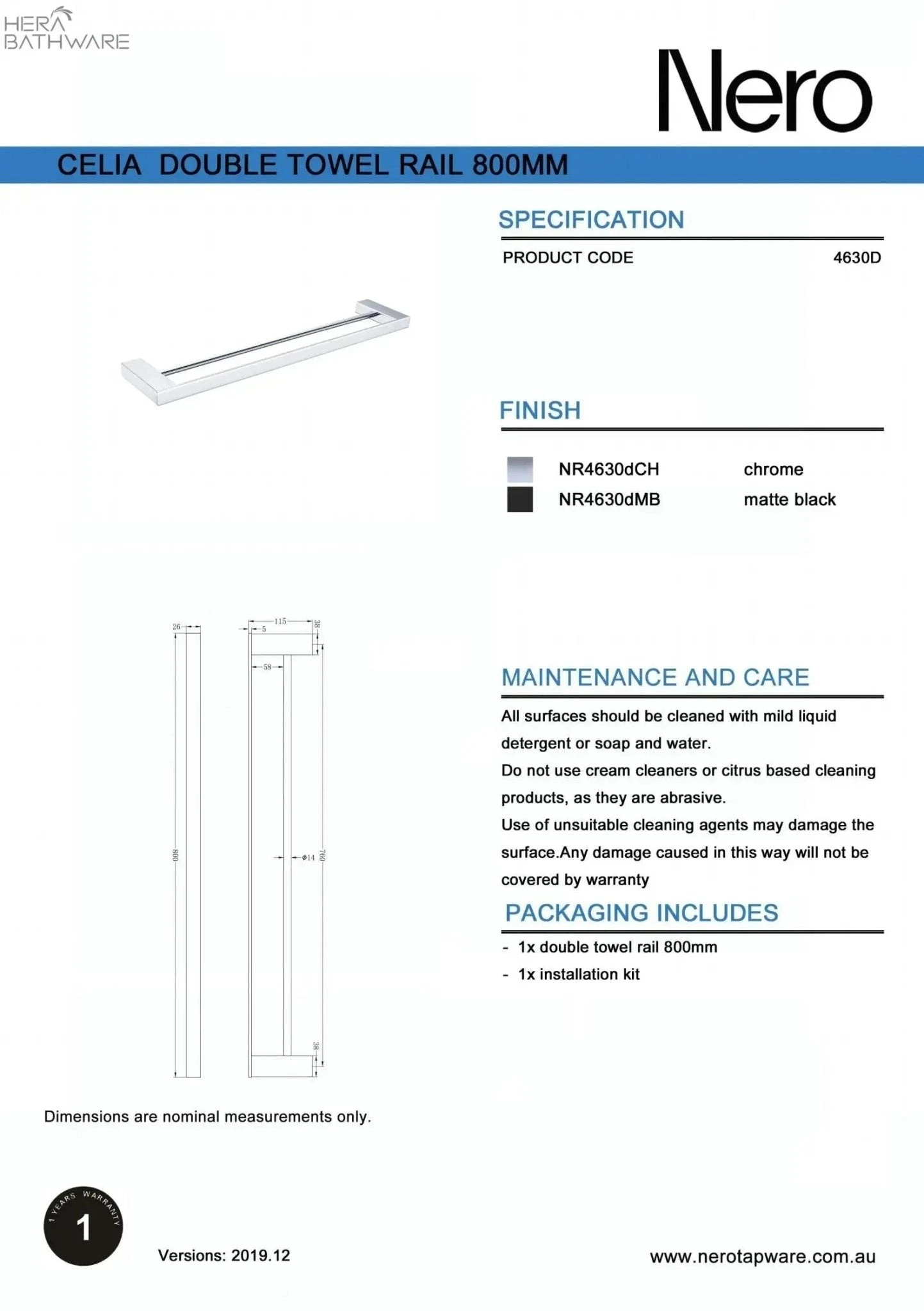 CELIA Towel Rail 800MM CELIA Towel Rail 800MM -HERA Bathware Sales celia towel rail 800mmbrushed nickeldouble towel railtowel railnero tapware 807189