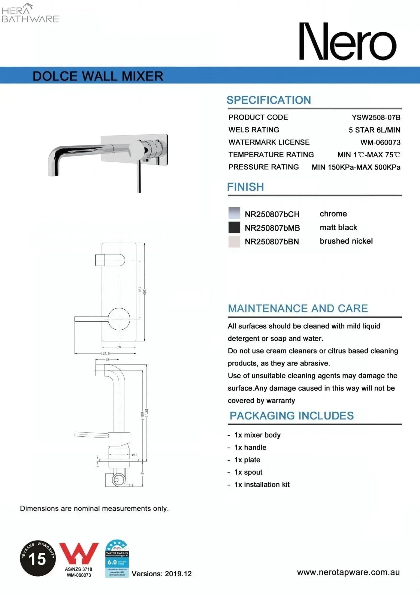 DOLCE Wall Basin Mixer Stylish Spout DOLCE Wall Basin Mixer Stylish Spout -HERA Bathware Sales dolce wall basin mixer stylish spoutbrushed nickelwall basin mixernero tapware 184414