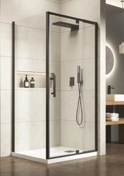 Louve Square Pivot Shower Screen | Oceano -HERA Bathware Sales louve square pivot shower screen oceano820mm 750 810matte blackshower screenoceano 646051