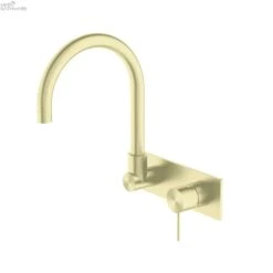 MECCA Wall Basin Mixer Swivel Spout - Handle Down -HERA Bathware Sales mecca wall basin mixer swivel spout handle downbrushed goldtapwarenero tapware 647115