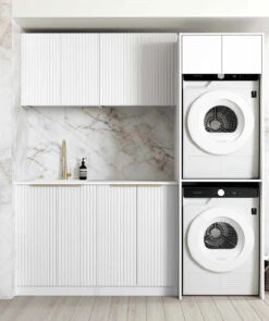 Noosa White Fluted Laundry Cabinet With Stone Top And Sink | 1960*600*2100mm