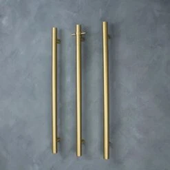 Radiant Vertical Single Heated Towel Bar (12v) - Brushed Gold -HERA Bathware Sales radiant vertical single heated towel bar 12v brushed goldbrushed goldone vertical heated rail with hookheated towel railradiant 752430