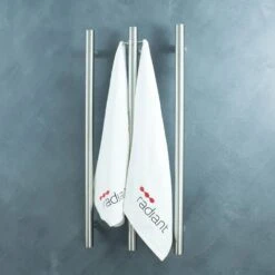Radiant Vertical Single Heated Towel Bar (12v) - Brushed Satin -HERA Bathware Sales radiant vertical single heated towel bar 12v brushed satinbrushed satinone vertical heated rail with hookheated towel railradiant 136192