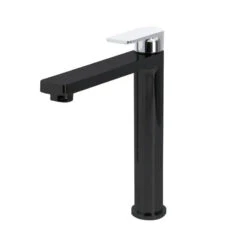 THE GABE LEVA HI RISE BASIN MIXER – MATTE BLACK -HERA Bathware Sales the gabe leva hi rise basin mixer matte blackmatte black with chrome handlebasin mixerlinkware 231661