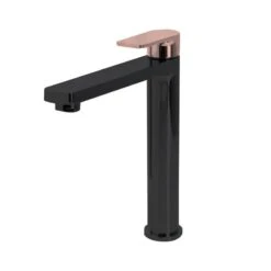 THE GABE LEVA HI RISE BASIN MIXER – MATTE BLACK -HERA Bathware Sales the gabe leva hi rise basin mixer matte blackmatte black with rose gold handlebasin mixerlinkware 835543
