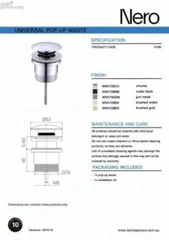 Universal Pop Up Waste | NERO -HERA Bathware Sales universal pop up waste nerobrushed goldpop up wastenero tapware 684346